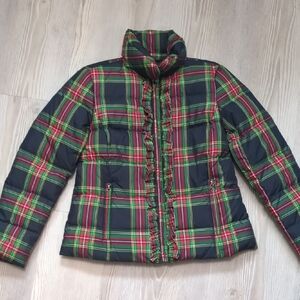 Talbots P Christmas Plaid Holiday Puffer Jacket With Ruffles